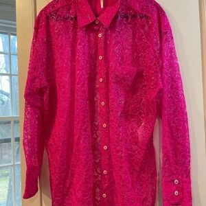 Anthropologie Vibrant Pink Lace Button Down Shirt